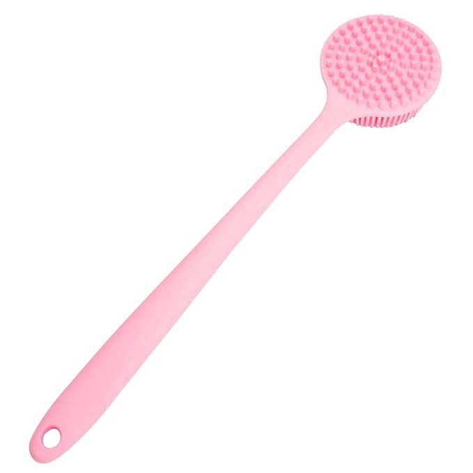 DNC Silicone Back Scrubber for Shower, Soft Bath Body Brush with Long Handle (Pink)