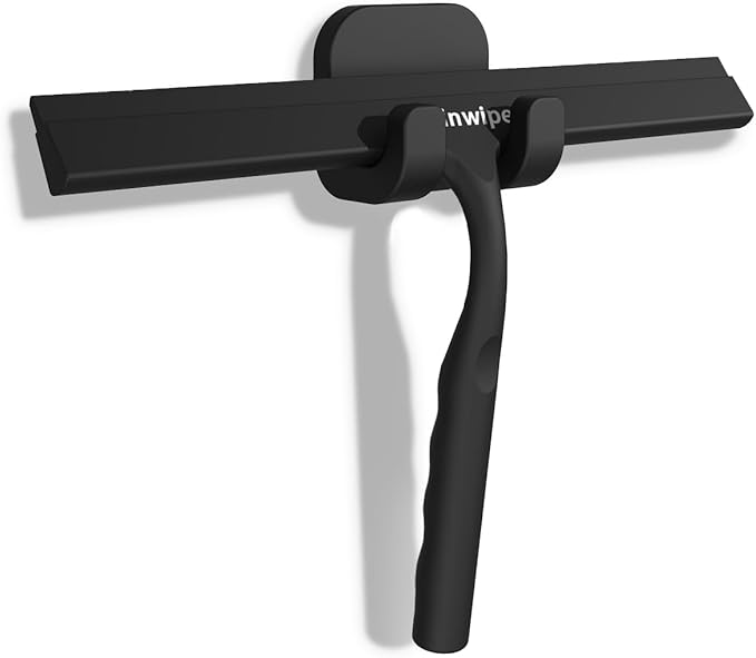 Household Squeegee for Shower Glass Doors, Silicone Shower Squeegee with Adhesive Hook, Bathroom Squeegee for Shower, Window Cleaner Tool for Glass Door, Kitchen, Tile Wall(10 inch-Black)