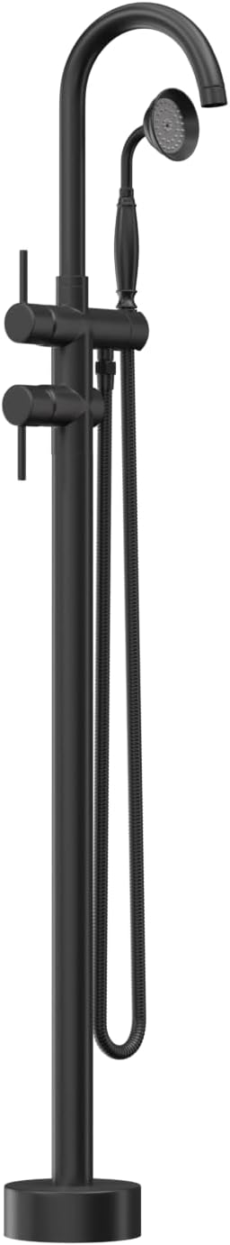 Freestanding Bathtub Faucet,Tub Filler Floor Mount Stand Bathtub Faucet Brass Bathroom Tub Faucets with 2 Function Telephone-Shape Handheld Shower Wand Swivel Matte Black