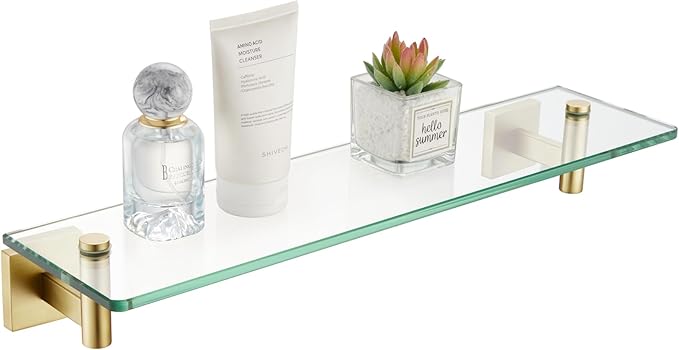 KOKOSIRI Wall Shelves Floating Shelf 20-Inch Stainless Steel Bathroom Hardware Tempered Glass Kitchen Hanging for Storage/Room Decor Gold B1105BG-L20