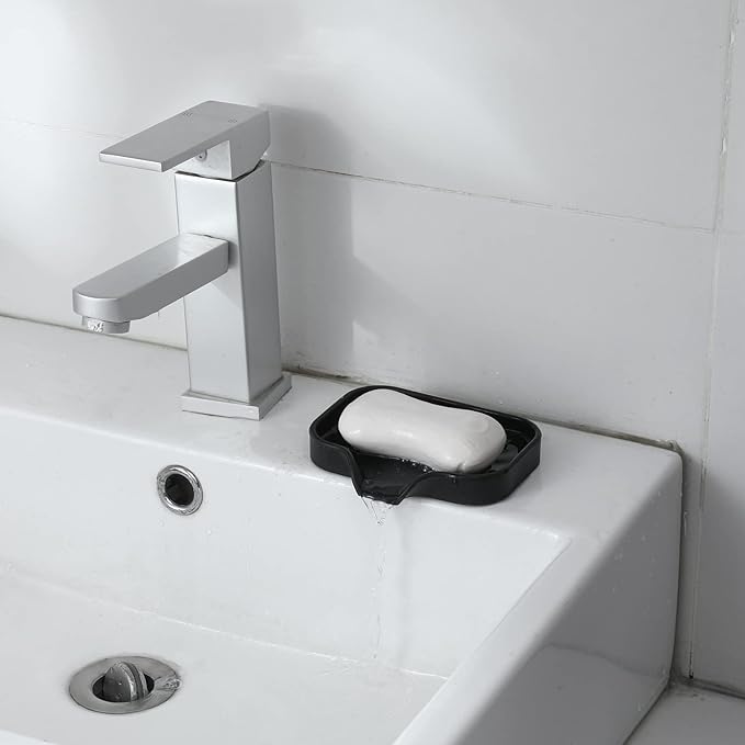 Silicone Bathroom Soap Dishes with Drain Spout-Bathroom and Kitchen Sink Organizer,Sponge Holder,Dish Soap Tray,Perfect for Dispenser,Scrubber,Bottle,Cup on Sink or Counter-Black 4.9"×3.2"