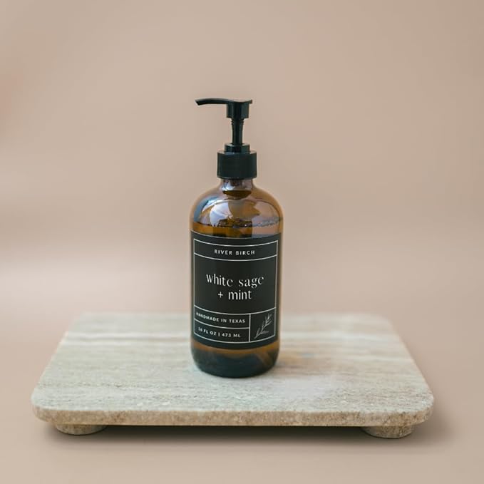 River Birch White Sage + Mint Scented Natural Hand Soap - Handmade Soap - Moisturizing Hand Wash with Amber Glass Dispenser - Luxury Scented and Hydrating - Vegan and Non-Toxic - 16 Fl Oz