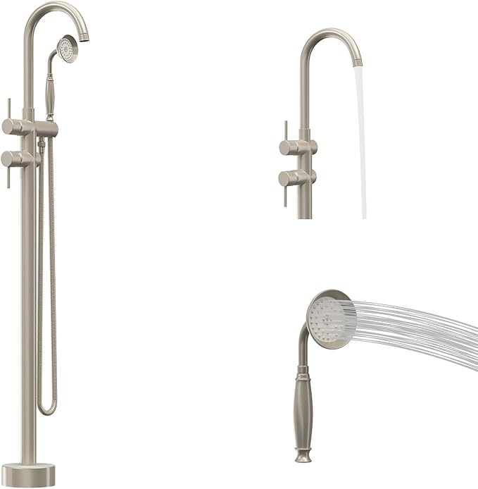 Freestanding Bathtub Faucet,Tub Filler Floor Mount Stand Bathtub Faucet Brass Bathroom Tub Faucets with 2 Function Telephone-Shape Handheld Shower Wand Swivel Brushed Nickel