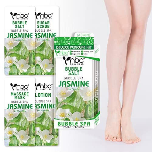 Pedicure Kit Foot Soak Set: Bubble Salt, Sugar Scrub, Massage Mask, Massage Lotion in a Box, 4 Step Foot Spa Kit for Dry Feet, Calluses and Tired Feet (1 Set Jasmine)