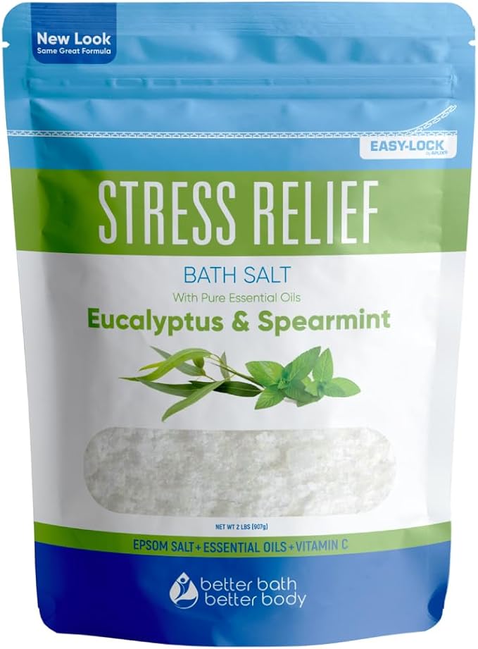 Stress Relief Bath Salt 32 Ounces (2 Lbs) USP Grade Epsom Salt with Natural Spearmint and Eucalyptus Essential Oils Plus Vitamin C in BPA Free Pouch with Easy Press Lock Seal Made in USA