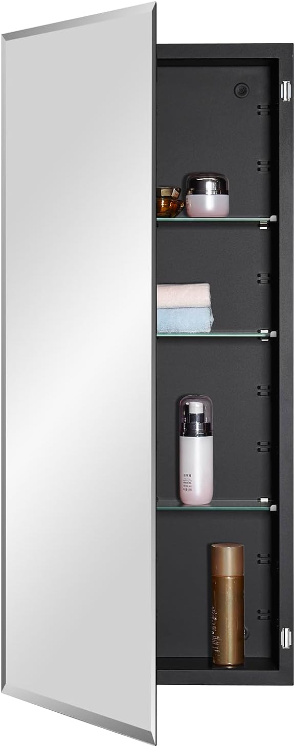 Black Bathroom Medicine Cabinet with Beveled Edge Mirrored Door 16 x 36 inch, Recessed or Surface Mount, with Adjustable Glass Shelves