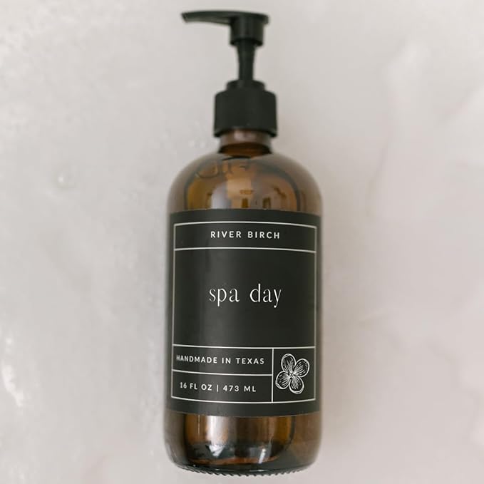 River Birch Spa Day Scented Natural Hand Soap - Handmade Soap - Moisturizing Hand Wash with Amber Glass Dispenser - Luxury Scented Hydrating Hand Soap - Vegan and Non-Toxic - 16 Fl Oz