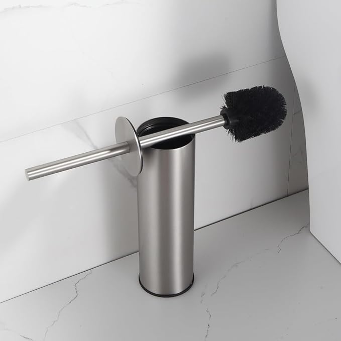 Toilet Brush and Holder Set Brushed Nickel Stainless Steel, 304 Heavy Duty Round Toilet Brush Set – Rust Resistant, Long Handle, Replacement Heads, Floor Standing Bathroom Toilet Cleaning