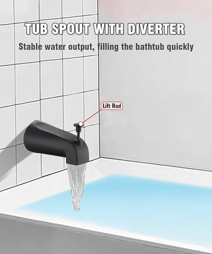 Tub Spout with Diverter, Slip On Bathtub Spout Fits 1/2'' Copper Tube(5/8'' Dia), Bathroom Tub Faucet with PTFE Tape & Hex Wrench, Matte Black