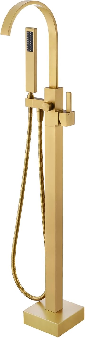 Freestanding Bathtub Faucet Floor Mount Tub Filler Brushed Gold Brass Bathroom Faucets Single Handle with Hand Shower
