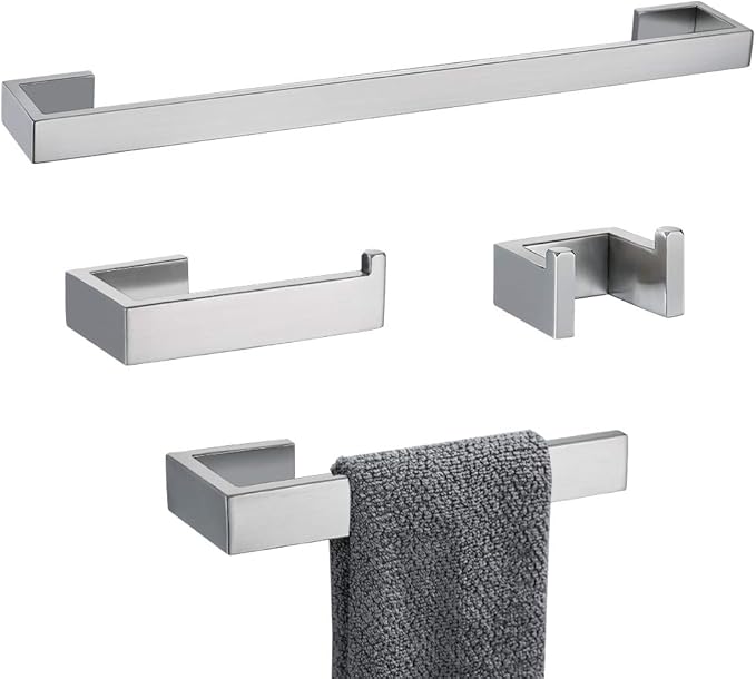 TNOMS 4 Pieces Bathroom Hardware Accessories Set Towel Bar Towel Holder Robe Hook Toilet Paper Holder Stainless Steel,Q8-P4BR