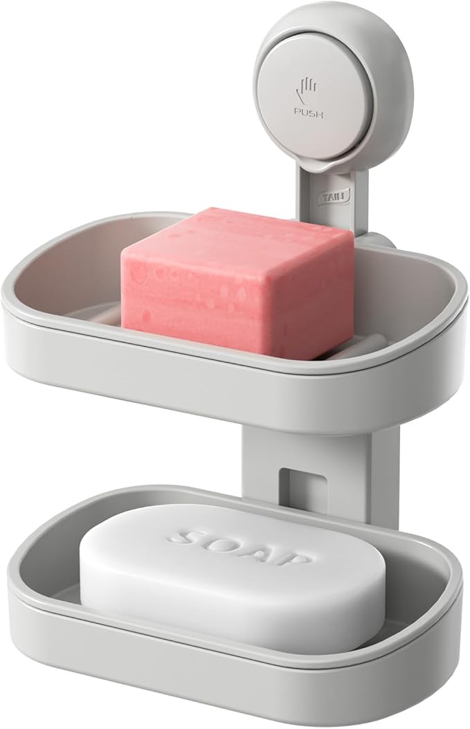 TAILI Double Layer Soap Dish Holder Suction Cup, Strong Sponge Holder for Shower, No Tools Soap Saver for Bathroom, Tub and Kitchen Sink, Shower Accessories, Drill-Free, Removable, Grey