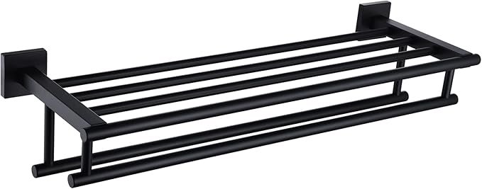 KOKOSIRI Bath Towel Rack with Double Towel Bars Bathroom Towel Shelf 24 Inch Towel Holder Wall Mounted Stainless Steel, Matte Black, B6005BK-L24