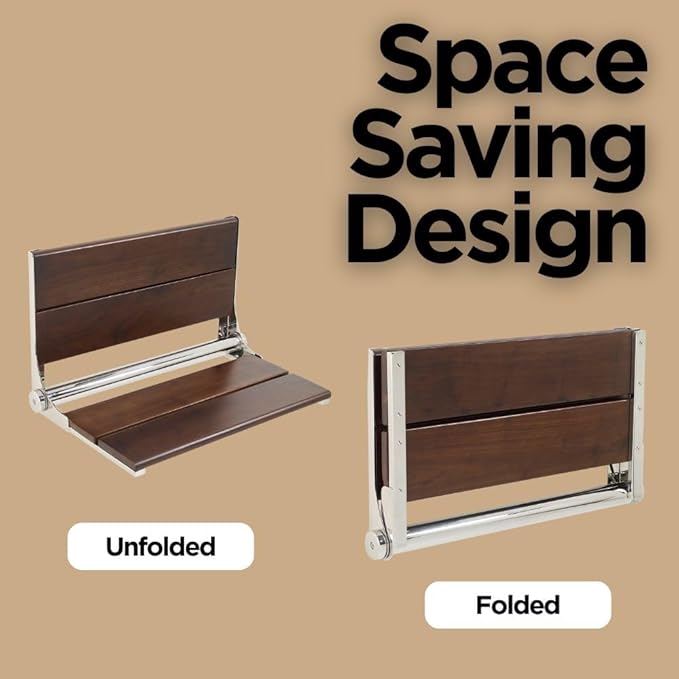 Folding Shower Seat Wall Mounted with Back | 500 lbs Maximum Load Capacity | ADA Compliant Safety Assist Teak Shower Seat for Seniors, Handicapped, and Children | 304 Stainless Steel Frame | 18” x 16”