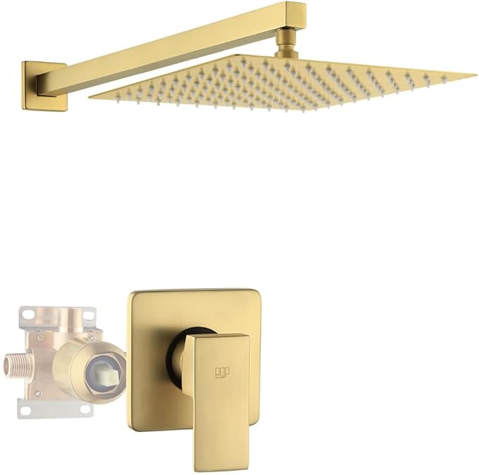 POP SANITARYWARE Shower Faucet Set Brushed Gold Bathroom Rainfall 10 Inch Shower Head System Single Handle Shower Trim Kit with Valve