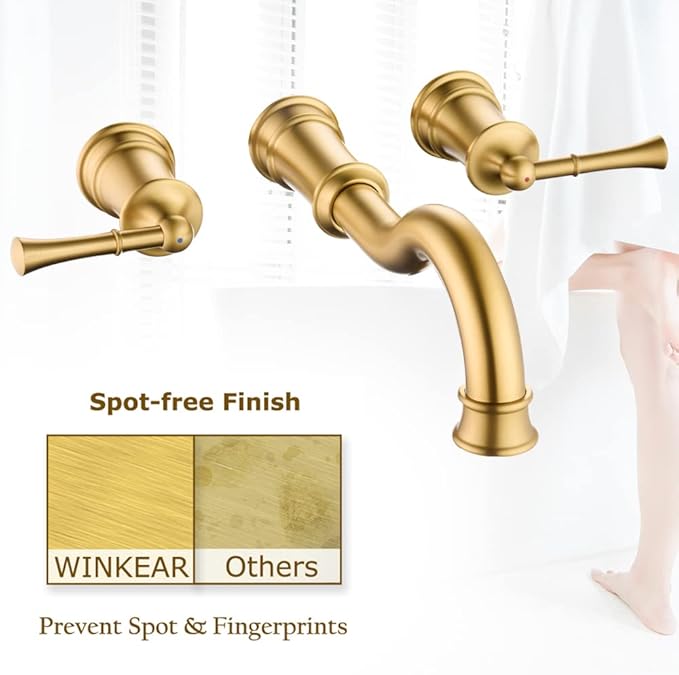 Roman Bathtub Faucet Wall Mount Widespread Tub Filler with Rough-in Valve 3 Holes 2 Lever Handle Elegant Classic Spout for Bathroom, Brushed Gold