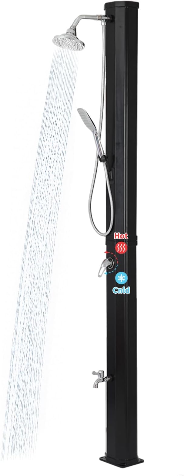 9.3 Gallon Solar Heated Outdoor Shower, 7.2FT Height, 360°Rotating Rainfall + 6FT Handheld Shower + Foot Faucet, Freestanding Black Poolside Shower with Hot & Cold Water Adjustment