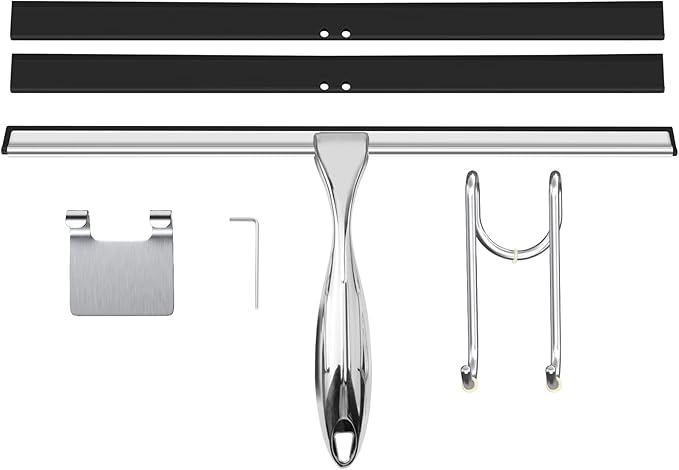 TOOVEM 14 Inch Shower Squeegee for Glass Doors, Window, Bathroom, Car Windshield, Shower Cleaning Tools with S Hook, Square Sticky Hook (Silver)
