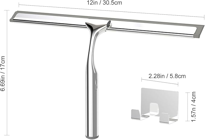 Shower Squeegee for Glass Doors, Squeegee for Shower Glass, Bathroom with Hook, Stainless Steel, 12-Inch Wide Blade for Efficient Cleaning, Perfect for Shower Glass,Tile Walls and Mirrors, Chrome