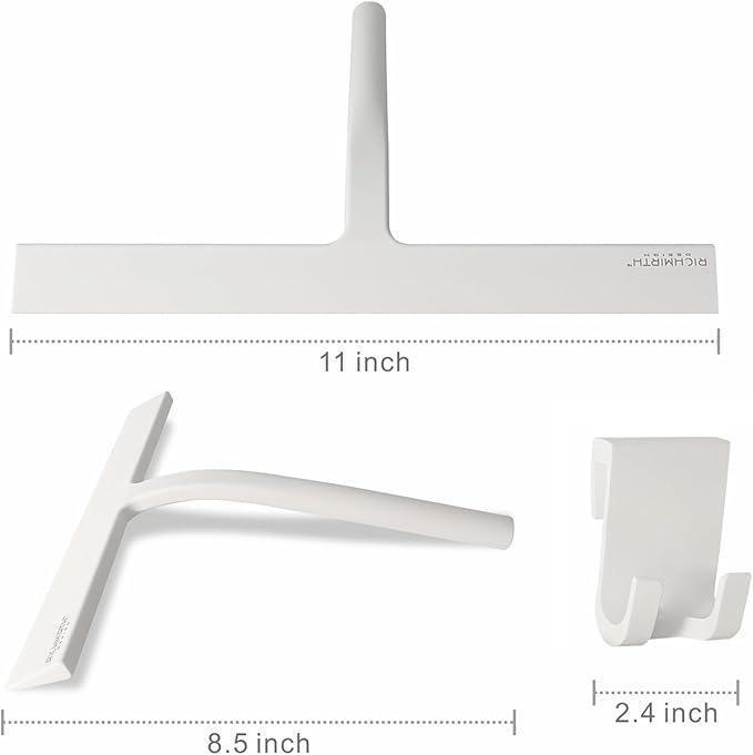 Shower Squeegee with Silicone Hook, 11" Inch Width All Purpose Squeegee Wiper for Shower Glass Doors Bathroom Mirror Tiles Car Window Cleaner Tool - White