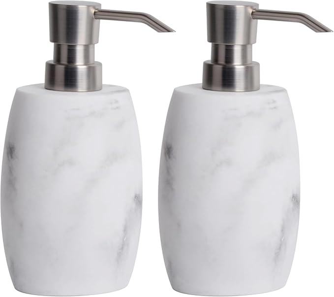 Resin Soap Dispenser Set 2, Refillable Hand Soap Dispenser with White Marble Look and Metallic Pump, Kitchen, Bathroom, Waterproof Labels (12 Oz)