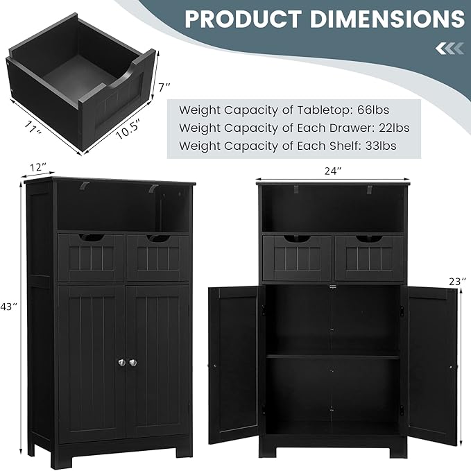 COSTWAY Bathroom Storage Cabinet, Freestanding Storage Organizer with 2 Drawers & Adjustable Shelf, Wooden Floor Cabinet for Living Room, Bedroom, Kitchen, Entryway (Black)