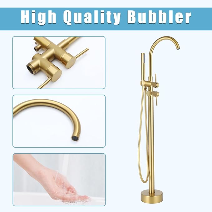 Floor Mount Bathtub Faucet，Freestanding Tub Faucet ，High Flow Dual Function 360 Degree Rotating Tube and Handheld Water Outlet (Brushed Gold)