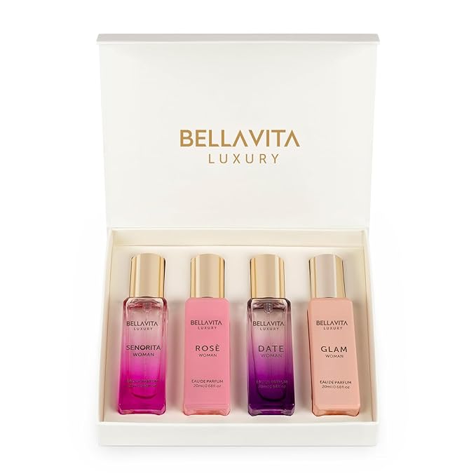 BellaVita Luxury Women's Perfume Gift Set (4x20ml) | Notes of Floral, Sweet, Spicey Red Fruit, Vanilla & Musk | DATE, SENORITA, GLAM & ROSE | French Parfum Collection Gift Set