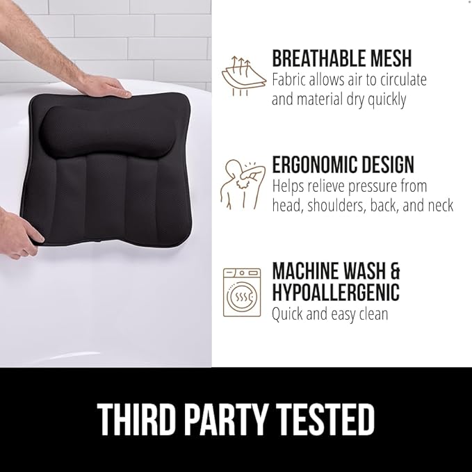 GORILLA GRIP Bath Pillow for Tub with Powerful Suction Cups, Headrest Pillows for Neck and Back Support, Machine Wash, Bathtub and Hot Tub Accessories, Relaxing Spa Gift Essentials for Women, Black