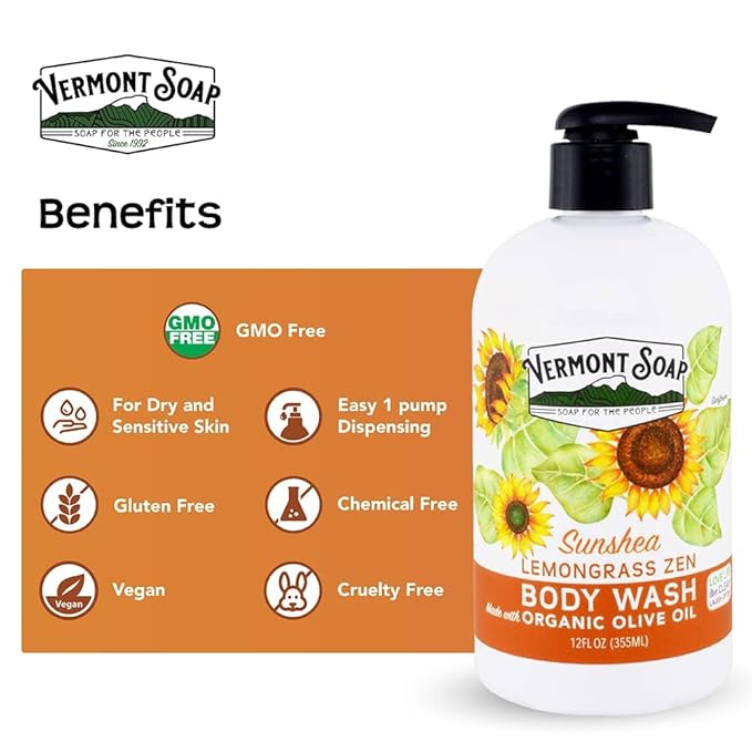 VERMONT SOAP Body Wash, Natural Body Wash with Shea Butter, Mild Gel Body Wash for Moisturizing and Soothing Skin, Fragrance Free Body Wash for Women & Men (Lemongrass Zen, 12oz)