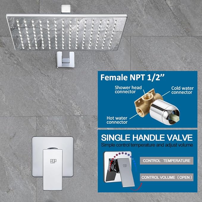 Shower Faucet Set Chrome Rainfall 12“ Rectangle Stainless Steel Shower Head and Handle Set, Wall Mounted Bathroom Shower System, Single Function Shower Trim Kit with Valve