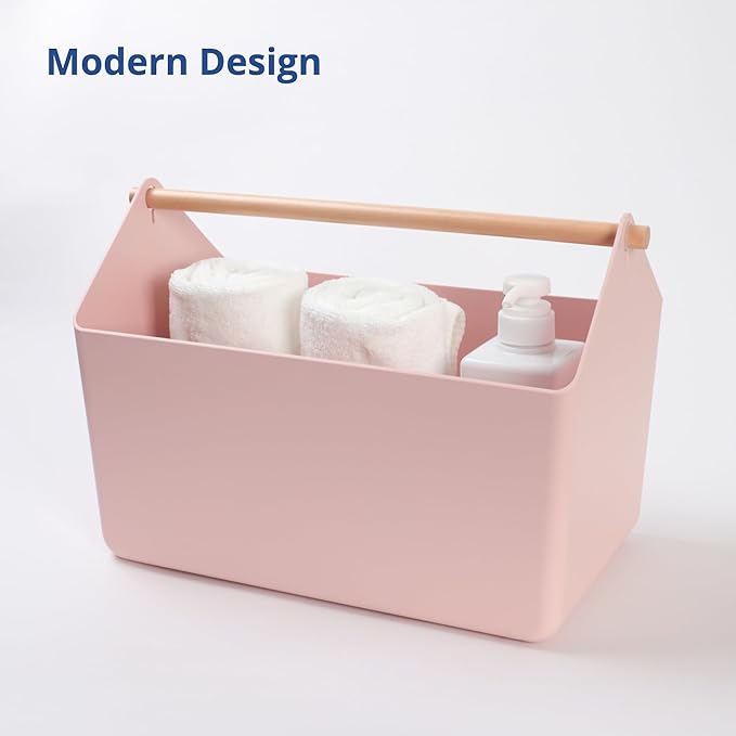 BLUE GINKGO Large Storage Basket – Plastic Caddy with Wooden Handle for Bathroom, Pantry, or Cleaning Supplies (Pink)