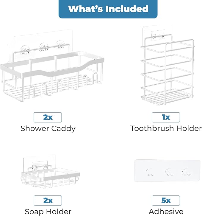 Fab Glass and Mirror Shower Caddy Pack of 5, white - Shower Organizer and Shelves for Efficient Storage, Wall Mounted Bathroom Caddy, Wall Organizer