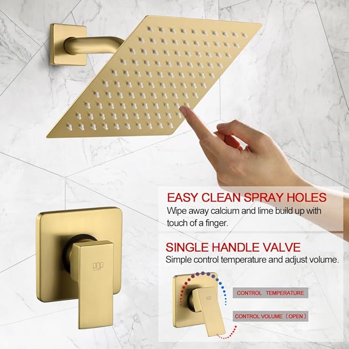 POP SANITARYWARE Shower Faucet Set Brushed Gold Bathroom Rainfall 8 Inch Shower Head System, Single Handle Shower Trim Kit with Rough-in Valve