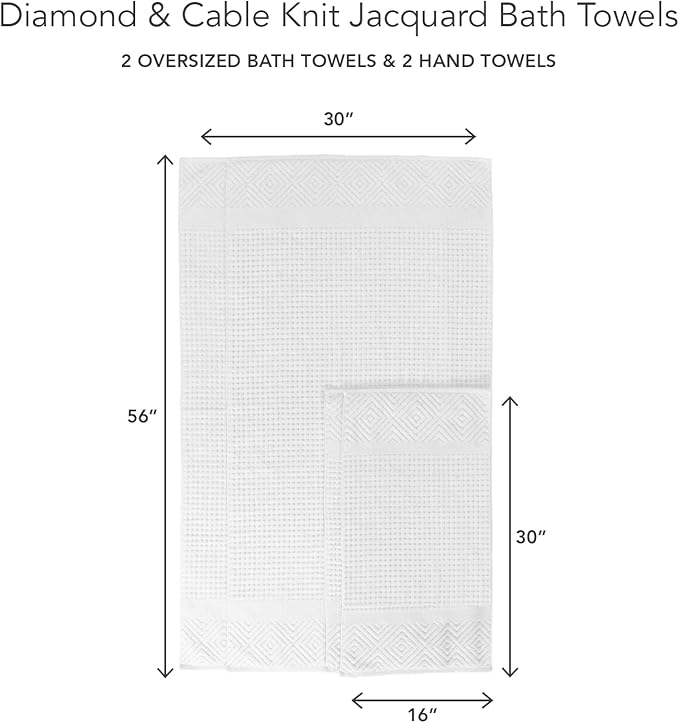 Texere 100% Organic Cotton Diamond Jacquard 700 GSM Luxury Bath Towel Sets - Ultra Soft and Absorbent Hotel and Spa Quality (Diamond, Bright White, 2 Bath & 2 Hand Towels)