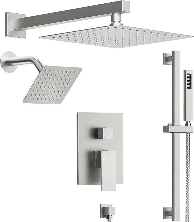 10" High-Pressure Rainfall Shower Faucet with Handheld Spray, Wall Mount Dual Shower Head System with Slide Bar (Brushed Nickel)