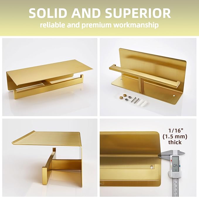 Angle Simple Toilet Paper Holder with Shelf Brushed Gold, 304 Stainless Steel Double Toilet Tissue Holder for Wall