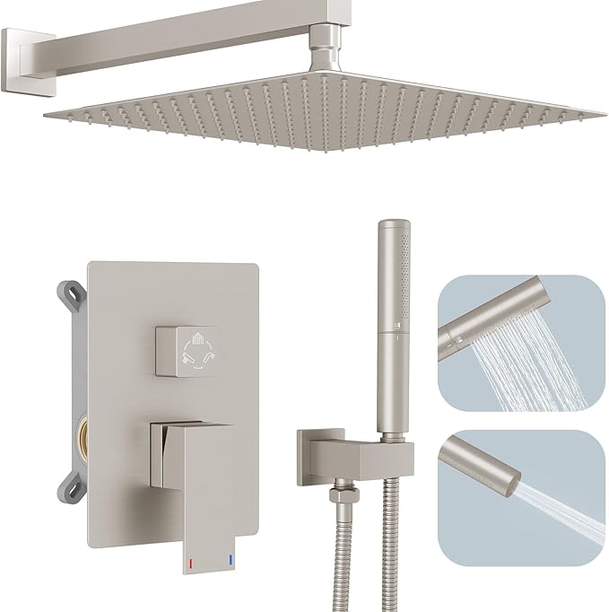 Hoimpro 12 Inch Shower System Set Bathroom Rain Shower Head Brass 2 In 1 Handheld Sprayer Wall Mounted, Rainfall Shower Faucet Spray Fixture Valve Kits Combo Showerhead, Brushed Nickel
