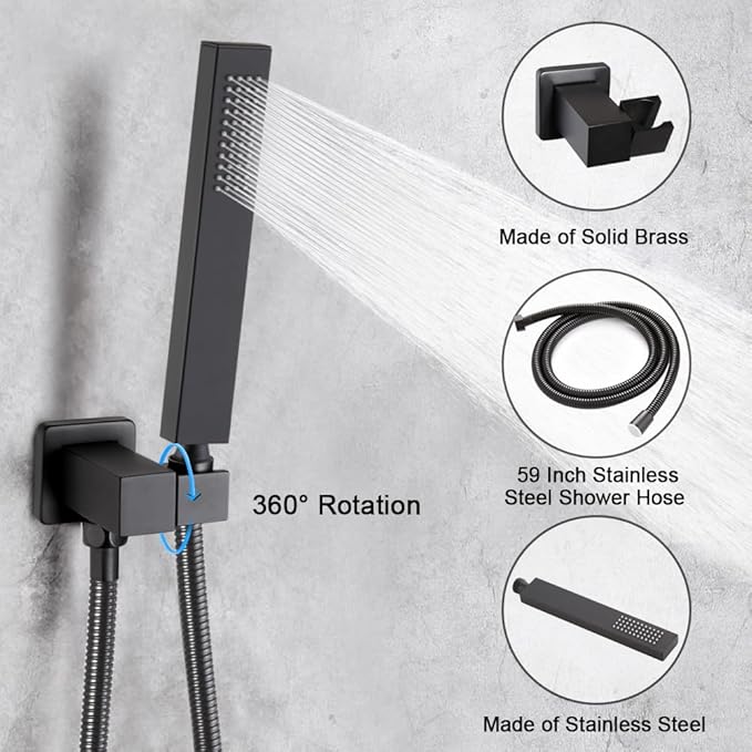 POP SANITARYWARE Matte Black Shower Faucet Set with Tub Spout Bathroom Rainfall 8 Inch Shower Head System with Handheld Single Handle Shower Trim Kit with Valve