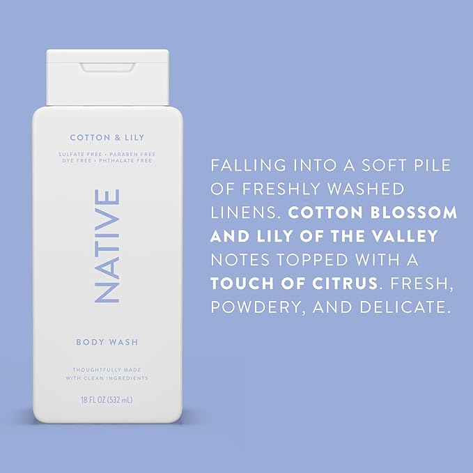 Native Body Wash Contains Naturally Derived Ingredients | For Women & Men, Sulfate, Paraben, & Dye Free Leaving Skin Soft and Hydrating | Cotton & Lily 18 oz - 2 Pk