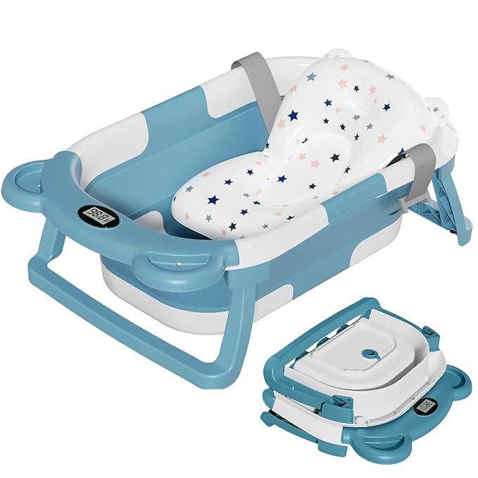 TPN Collapsible Baby Bathtub for Infants to Toddler with Real-time Temp Monitor+Floating Cushion,Foldable Baby Bath Tub Set Applicable 0-36 Month,Perfect Portable Travel Baby Tub for Newborns Boy