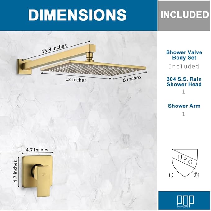 POP SANITARYWARE Shower Faucet Set Brushed Gold Bathroom Rainfall 12 Inch Shower Head and Handle Set Wall Mounted Shower System Single Function Shower Fixture, Include Shower Valve and Trim Kit