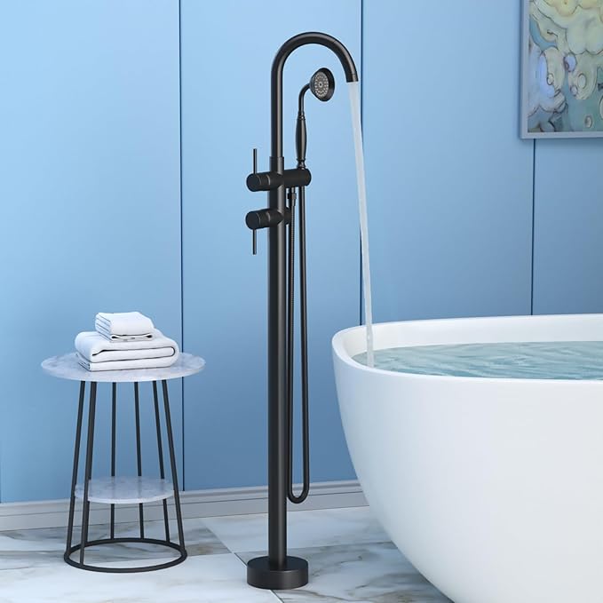 Freestanding Bathtub Faucet,Tub Filler Floor Mount Stand Bathtub Faucet Brass Bathroom Tub Faucets with 2 Function Telephone-Shape Handheld Shower Wand Swivel Matte Black