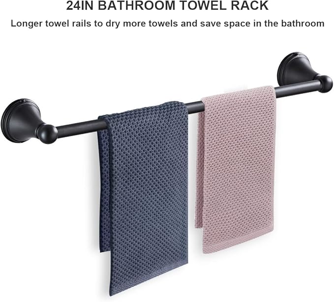 Newfun 8-Pieces Matte Black Bathroom Accessories Set Towel Racks for Bathroom - Bathroom Hardware Set, 2 * 24 Inch Towel Bar for Bathroom 2*Toilet Paper Holder 2* Towel Ring Towel Holders 2* Hook
