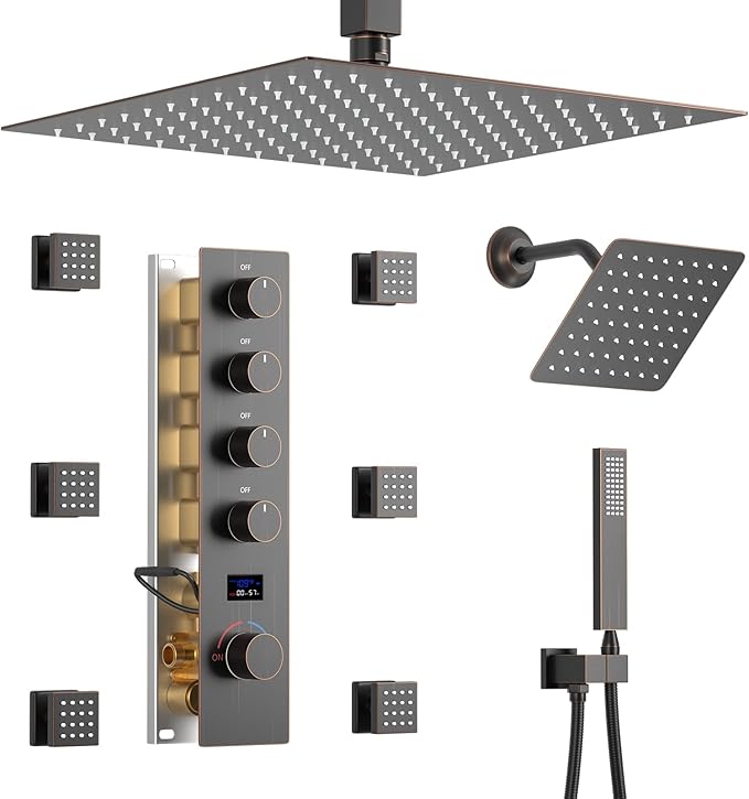 Temperature Display Oil Rubbed Bronze Shower System, Push Button Shower Faucet with Handheld Spray, Ceiling Mount 12 Inch and 8 Inch Wall Mount Shower Head, 6 PCS Body Jet
