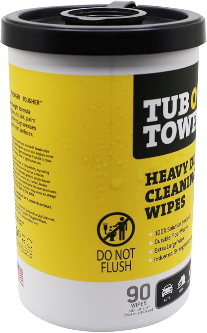 Tub O' Towels Heavy-Duty Multi-Surface Cleaning Wipes, 10" x 12", 90 Count Canister, Removes Grease, Grime, Tough Stains, Durable Disposable Wipes for Home, Garage, Outdoor Cleaning Tasks, 2-Pack