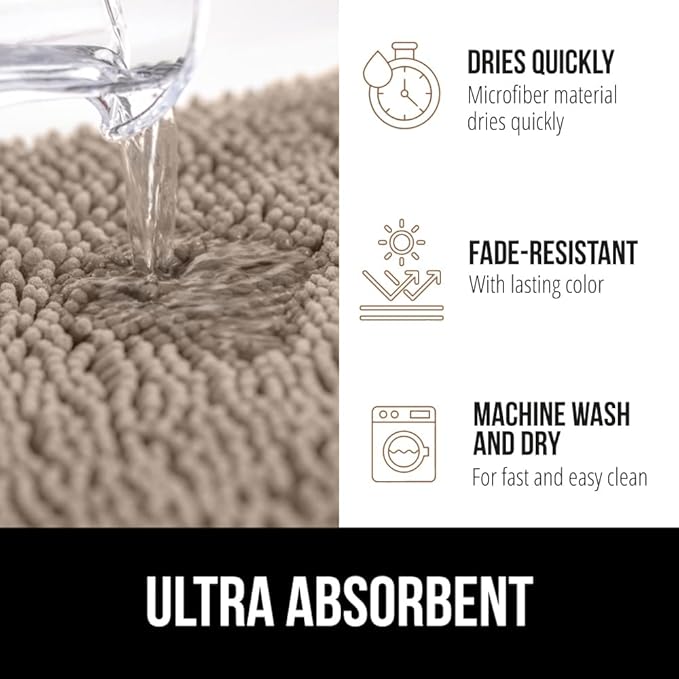 GORILLA GRIP Bathroom Rug Sets 3 Piece, Bath Mat Set and Oval Toilet Base with Rubber Backing, Plush Absorbent Shaggy Chenille Washable Mats, Includes 24x19.5, 24x17 and 30x20 Inch Rugs, Gray Beige