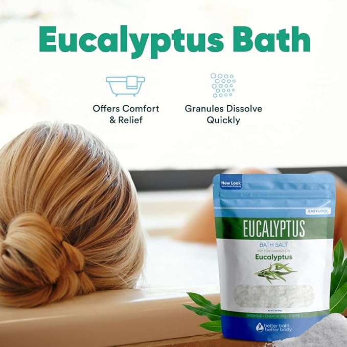 Eucalyptus Bath Salt 32 Ounces Epsom Salt with Natural Eucalyptus Essential Oil Plus Vitamin C in BPA Free Pouch with Easy Press-Lock Seal