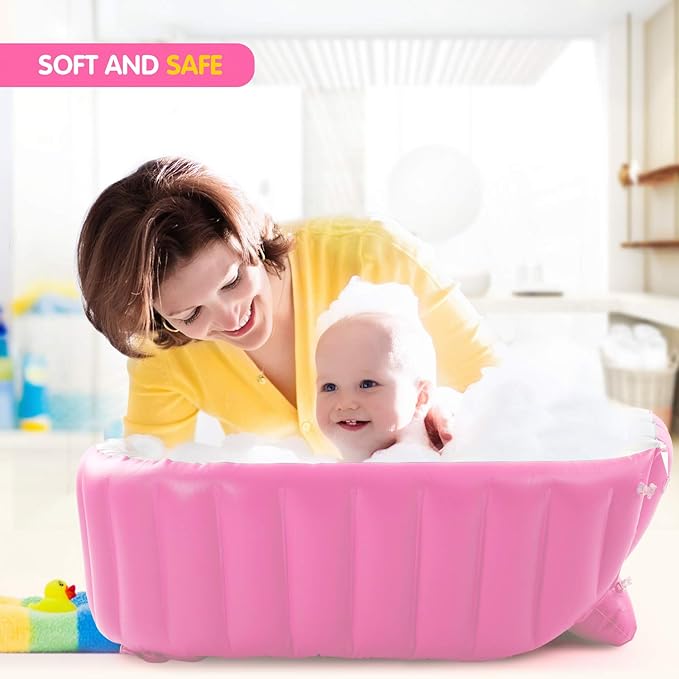 Inflatable Baby Bathtub, Portable Infant Toddler Bathing Tub Non Slip Travel Bathtub Mini Air Swimming Pool Kids Thick Foldable Shower Basin with Air Pump, Pink