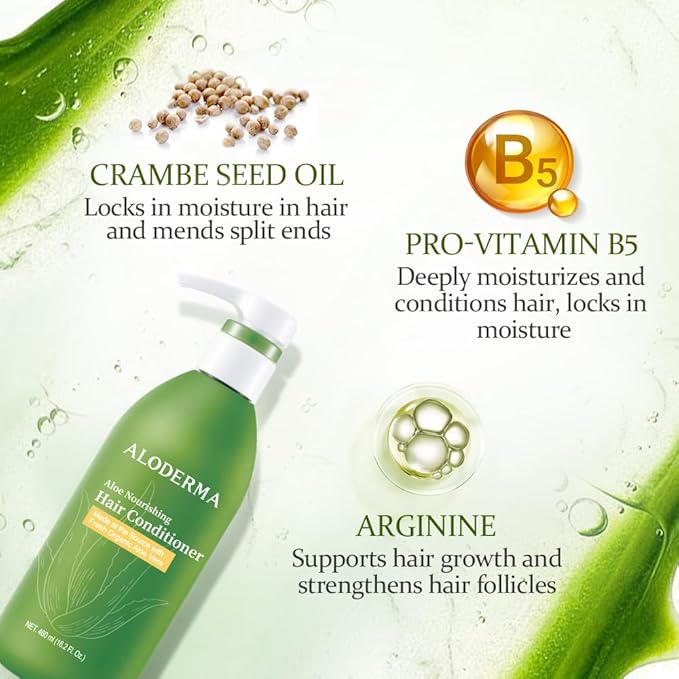 Aloderma Aloe Nourishing Hair Conditioner Made with Fresh Organic Aloe Vera for Dry, Damaged Hair - Deeply Hydrates and Nourishes Hair and Scalp, Leaving it Soft & Refreshed - Crambe Seed Oil - 16oz